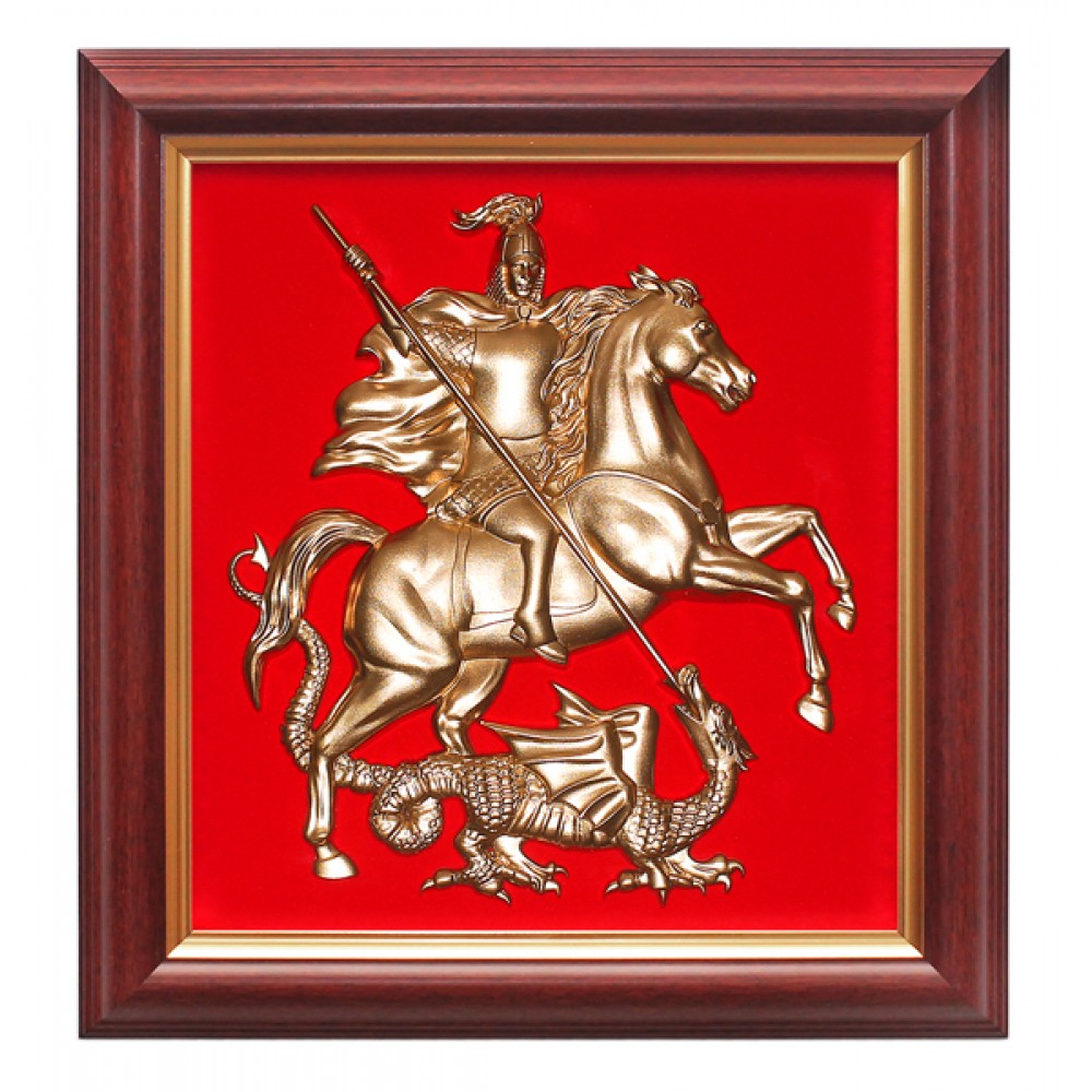 Геральдическое панно Москвы,26х28 см,бархатное панно,рамка "красное дерево",металлизированный всадник