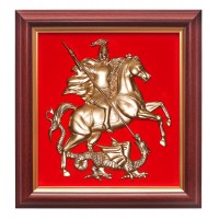 Геральдическое панно Москвы,26х28 см,бархатное панно,рамка "красное дерево",металлизированный всадник